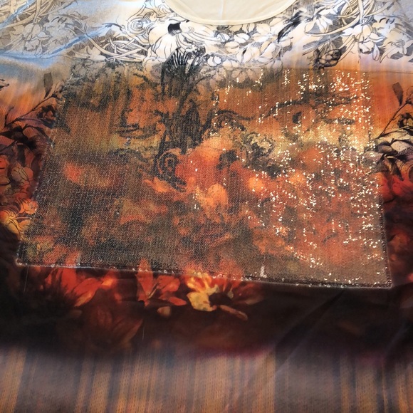 YEST BUUR XL TOP SEQUINNED FRONT PANEL FLORAL ORANGE-WINE ON CREAM & BLACK #359 - Picture 7 of 13